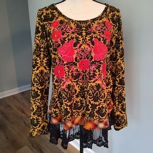 Ivy Jane Embroidered Floral Bird Scroll Top Plaid Lace Red Yellow Black …